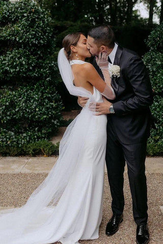 Elegant Mermaid Halter Modest Wedding Dress Simple Bridal Gown WD738