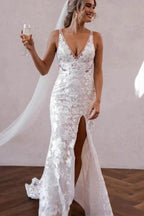 Elegant Mermaid V Neck Lace Boho Wedding Dresses with Slit WD679 by pgmdress