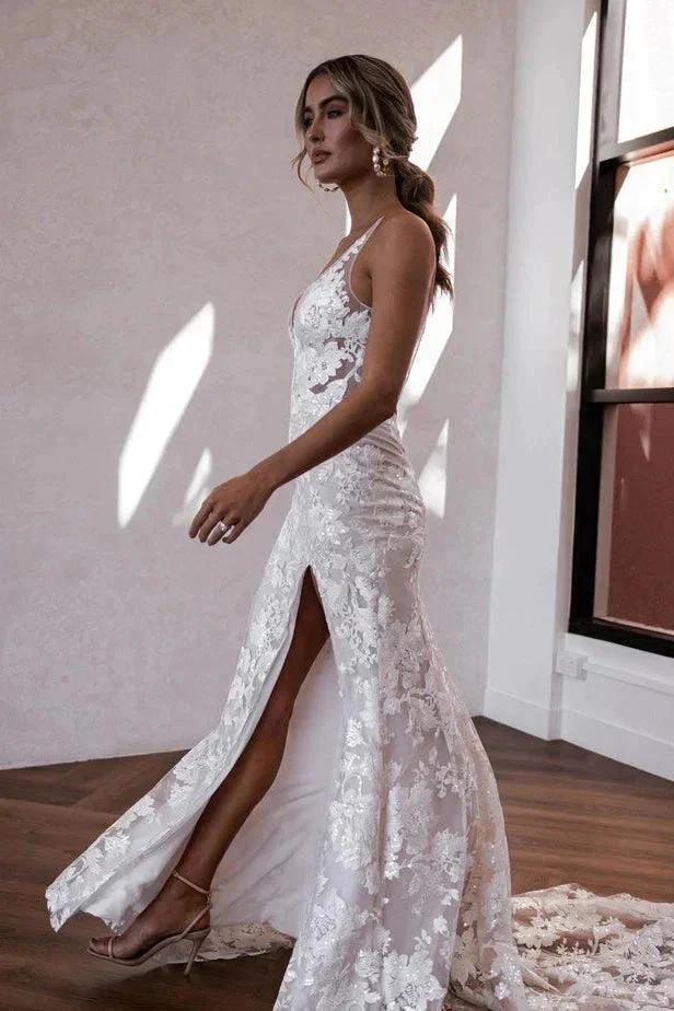 Elegant Mermaid V Neck Lace Boho Wedding Dresses with Slit WD679 by pgmdress