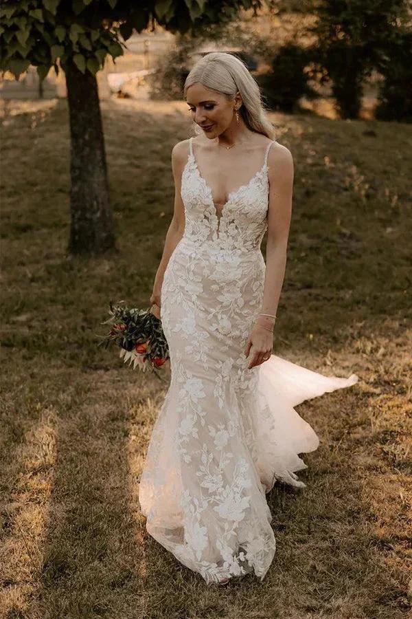 Elegant Mermaid V Neck Lace Long Wedding Dresses with Appliques WD694 by pgmdress