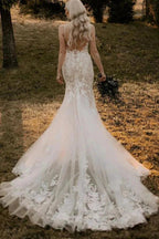 Elegant Mermaid V Neck Lace Long Wedding Dresses with Appliques WD694 by pgmdress