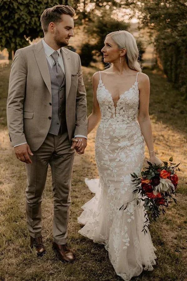 Elegant Mermaid V Neck Lace Long Wedding Dresses with Appliques WD694 by pgmdress
