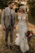 Elegant Mermaid V Neck Lace Long Wedding Dresses with Appliques WD694 by pgmdress