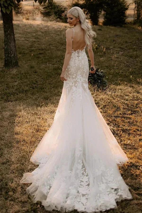 Elegant Mermaid V Neck Lace Long Wedding Dresses with Appliques WD694 by pgmdress