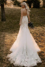 Elegant Mermaid V Neck Lace Long Wedding Dresses with Appliques WD694 by pgmdress