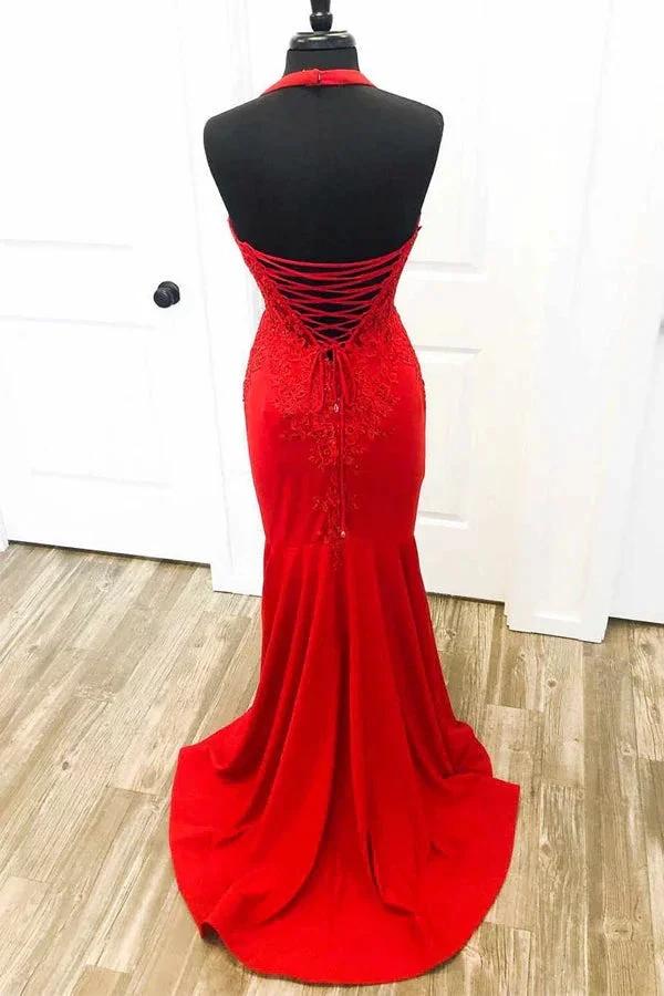 Elegant Red Halter Mermaid Prom Dress with Appliques PSK505 by pgmdress