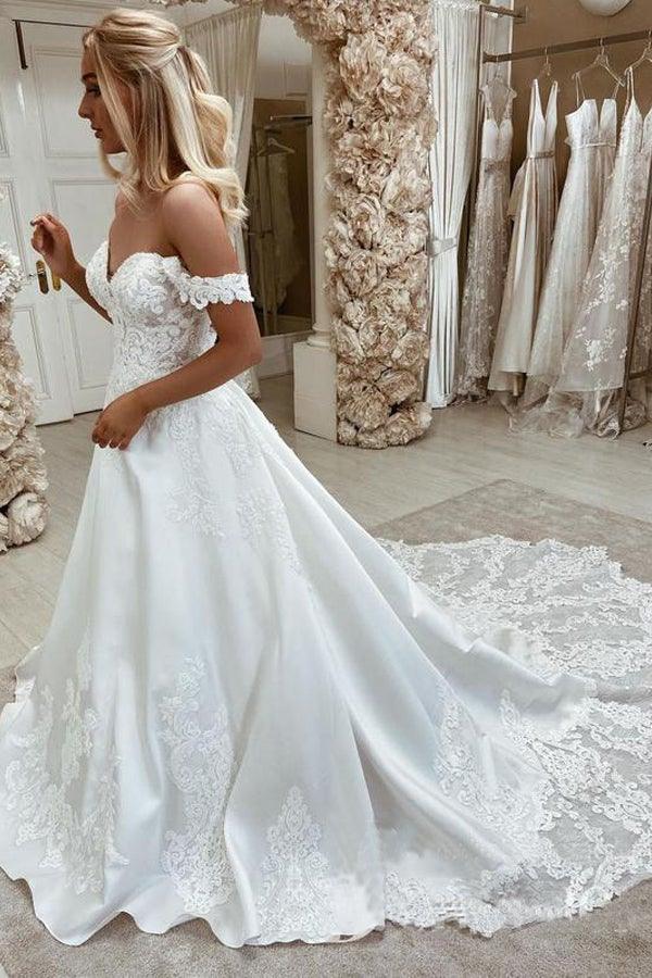 Elegant Satin Off-the-shoulder A-line Wedding Dresses With Appliques WD573 Hover Image