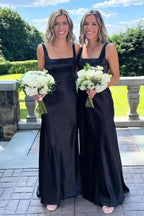 Elegant Square Neck Long Black Bridesmaid Dress BD128 by pgmdress