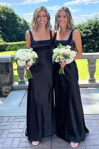 Elegantes langes schwarzes Brautjungfernkleid mit quadratischem Ausschnitt BD128