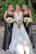 Elegant Square Neck Long Black Bridesmaid Dress BD128 by pgmdress