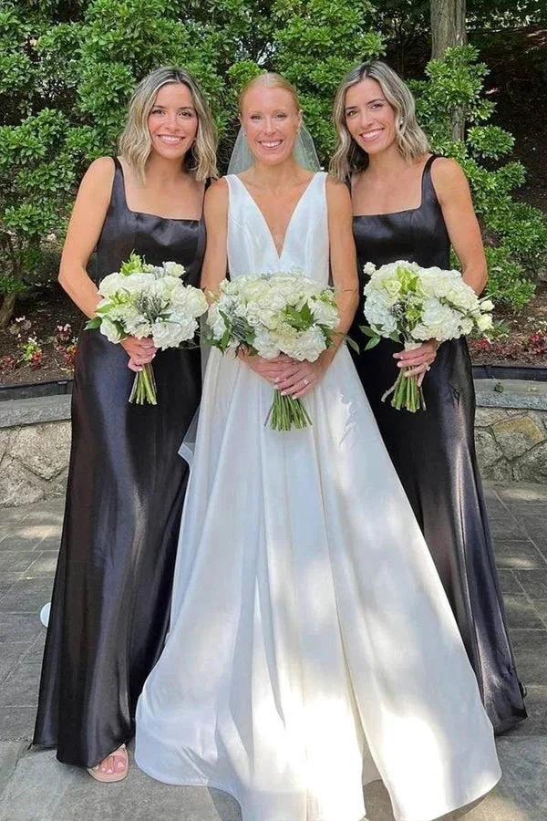 Elegant Square Neck Long Black Bridesmaid Dress BD128 by pgmdress
