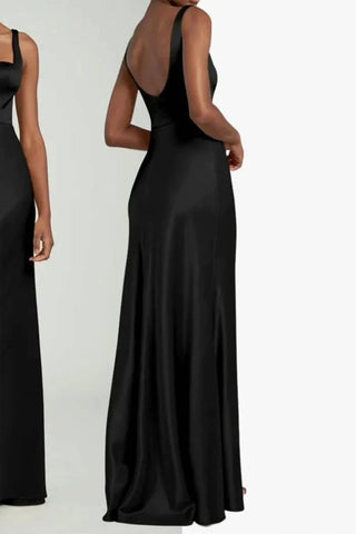 Elegantes langes schwarzes Brautjungfernkleid mit quadratischem Ausschnitt BD128