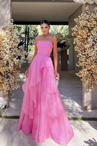 Elegantes trägerloses mehrlagiges rosa Ballkleid, lange Abendkleider, PSK538