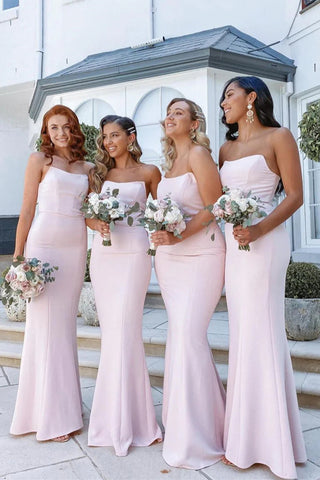 Elegante vestido de dama de honor rosa, largo hasta el suelo, estilo sirena, sin tirantes, BD115