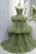 Elegant Straps Pleated Green Tiered Tulle Formal Dress SYP100 by vivymakudress