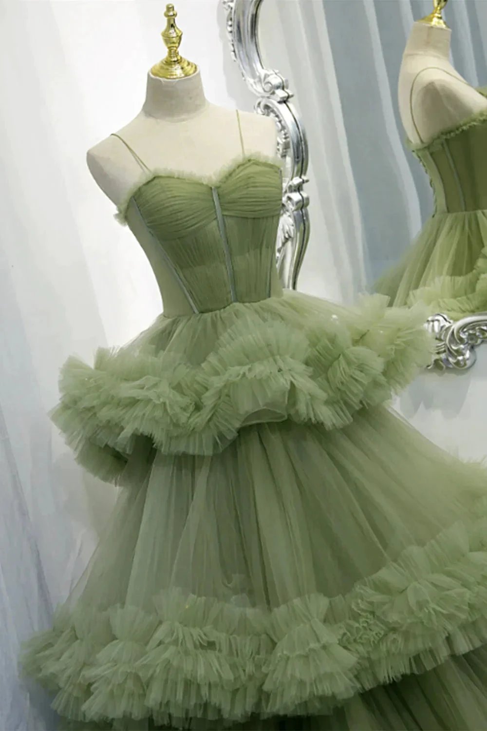 Elegant Straps Pleated Green Tiered Tulle Formal Dress SYP100 by vivymakudress