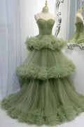 Elegant Straps Pleated Green Tiered Tulle Prom Formal Dress PSK417 by pgmdress