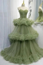 Elegant Straps Pleated Green Tiered Tulle Prom Formal Dress PSK417 by pgmdress