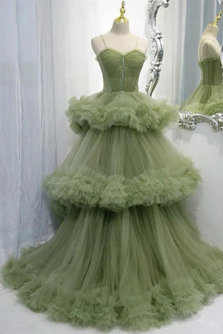 Vestido de fiesta elegante de tul verde plisado con tirantes escalonados PSK417