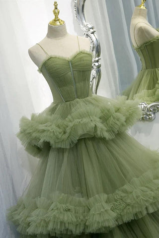 Vestido de fiesta elegante de tul verde plisado con tirantes escalonados PSK417