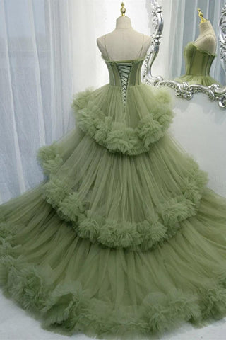 Vestido de fiesta elegante de tul verde plisado con tirantes escalonados PSK417