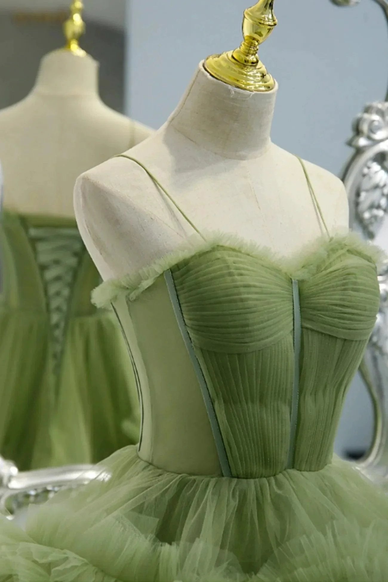 Elegant Straps Pleated Green Tiered Tulle Prom Formal Dress PSK417 by pgmdress