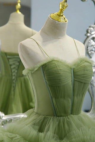 Vestido de fiesta elegante de tul verde plisado con tirantes escalonados PSK417