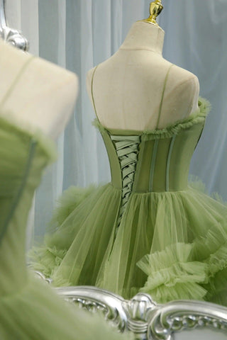 Vestido de fiesta elegante de tul verde plisado con tirantes escalonados PSK417