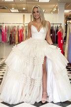 Elegant Tulle Ball Gown V Neck Side Split Layered Long Prom Dress PSK392 by pgmdress