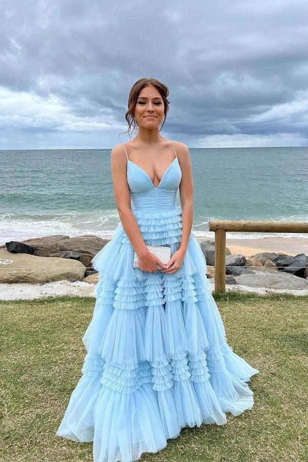 Elegant Tulle Ball Gown V Neck Side Split Layered Long Prom Dress PSK392 by pgmdress