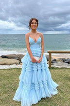 Elegant Tulle Ball Gown V Neck Side Split Layered Long Prom Dress PSK392 by pgmdress
