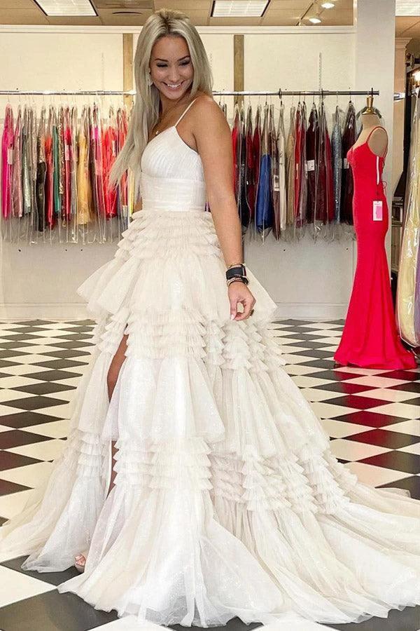 Elegant Tulle Ball Gown V Neck Side Split Layered Long Prom Dress PSK392 by pgmdress