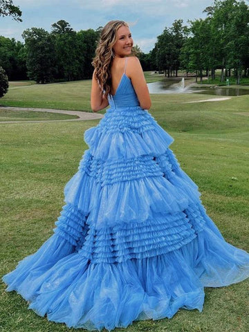Elegante vestido de fiesta largo de tul con escote en V y abertura lateral en capas PSK392
