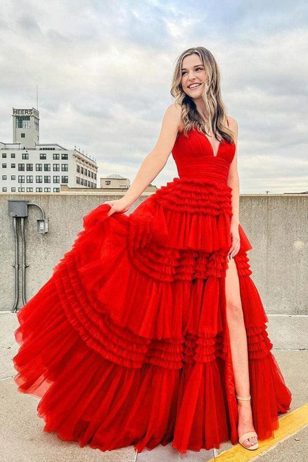 Elegant Tulle Ball Gown V Neck Side Split Layered Long Prom Dress PSK392 by pgmdress