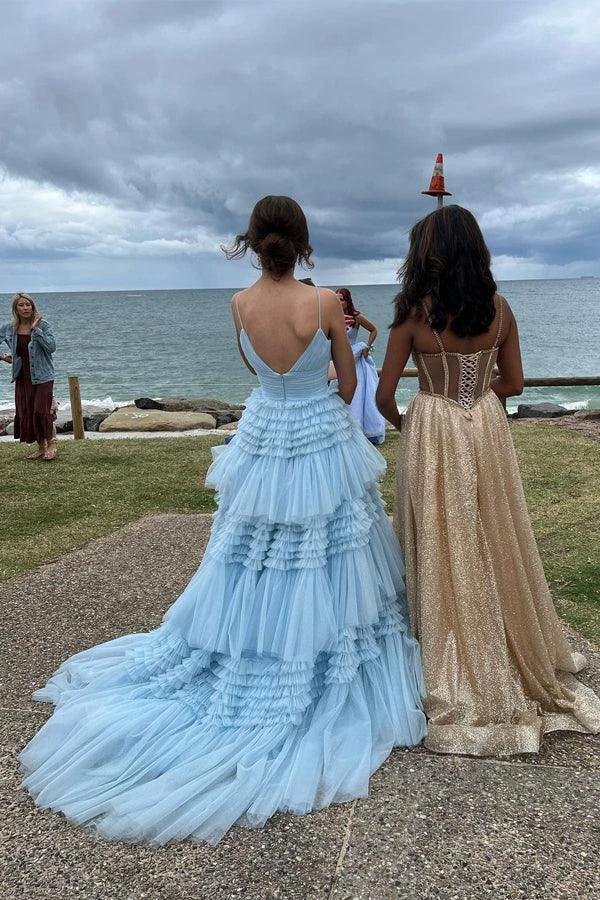 Elegant Tulle Ball Gown V Neck Side Split Layered Long Prom Dress PSK392 by pgmdress
