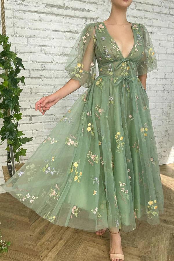 Elegant Green Tea Length Half Sleeves Prom Dresses Short Homecoming Dresses PSK362 by pgmdress