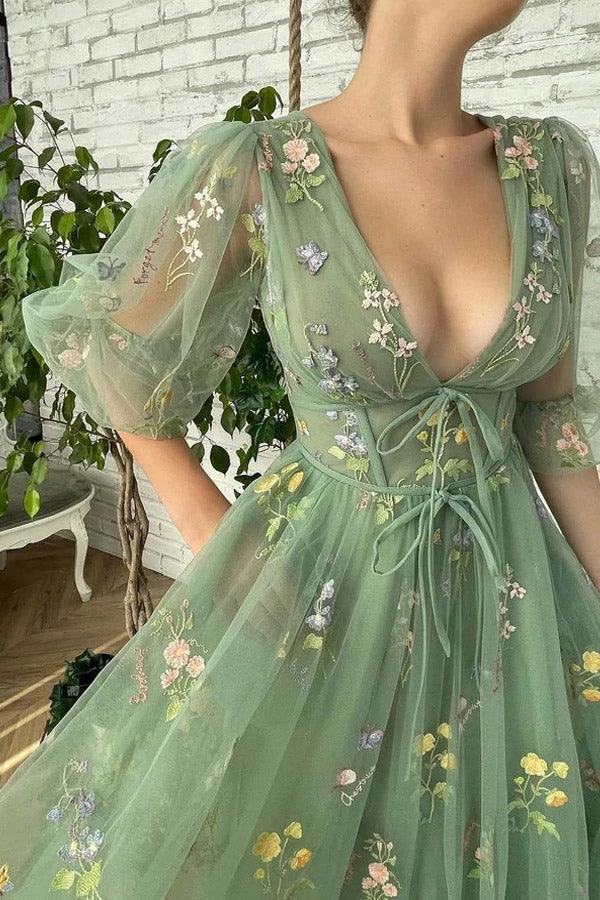 Elegant Green Tea Length Half Sleeves Prom Dresses Short Homecoming Dresses PSK362 by pgmdress