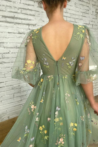 Elegante grüne Tee Länge Halbarm Ballkleider Kurze Homecoming Kleider PSK362