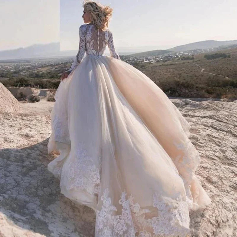 Elegent Travel Vestidos De Novia Appliques Vestido De Noiva Long Sleeves Wedding Dresses Lace Robe De Mariée