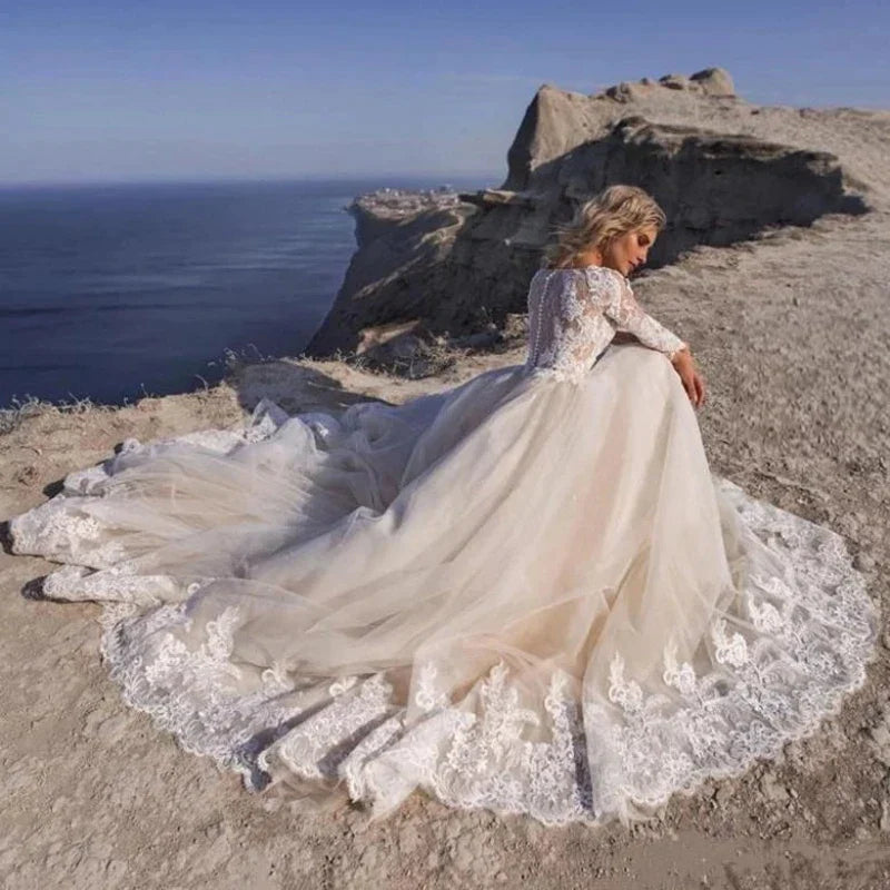 Elegent Travel Vestidos De Novia Appliques Vestido De Noiva Long Sleeves Wedding Dresses Lace Robe De Mariée