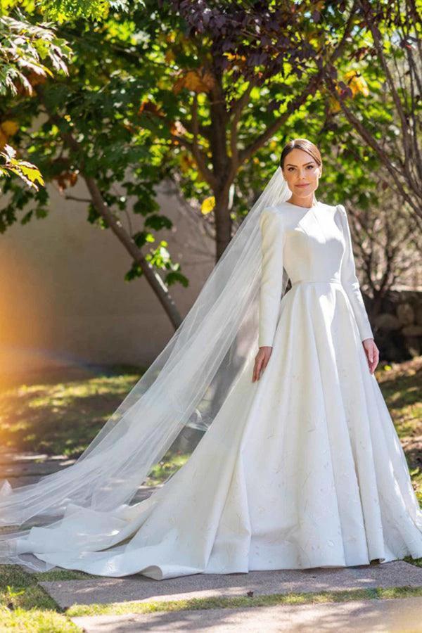 Embroidery A Line Ivory Satin Modest Long Sleeves Wedding Dresses WD623 by pgmdress