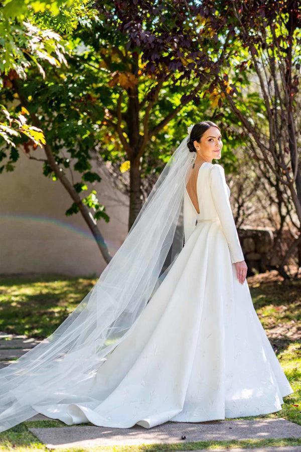 Embroidery A Line Ivory Satin Modest Long Sleeves Wedding Dresses WD623 by pgmdress