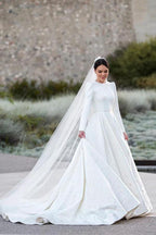 Embroidery A Line Ivory Satin Modest Long Sleeves Wedding Dresses WD623 by pgmdress