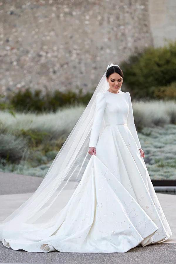 Embroidery A Line Ivory Satin Modest Long Sleeves Wedding Dresses WD623 by pgmdress