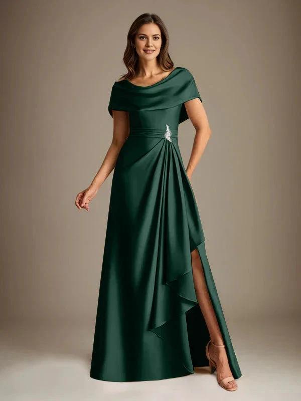 A-Line Scoop Floor-Length Stretch Satin Mother of the Bride Dress With Cascading Ruffles by Dreamylily