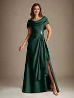 A-Line Scoop Floor-Length Stretch Satin Mother of the Bride Dress With Cascading Ruffles by Dreamylily