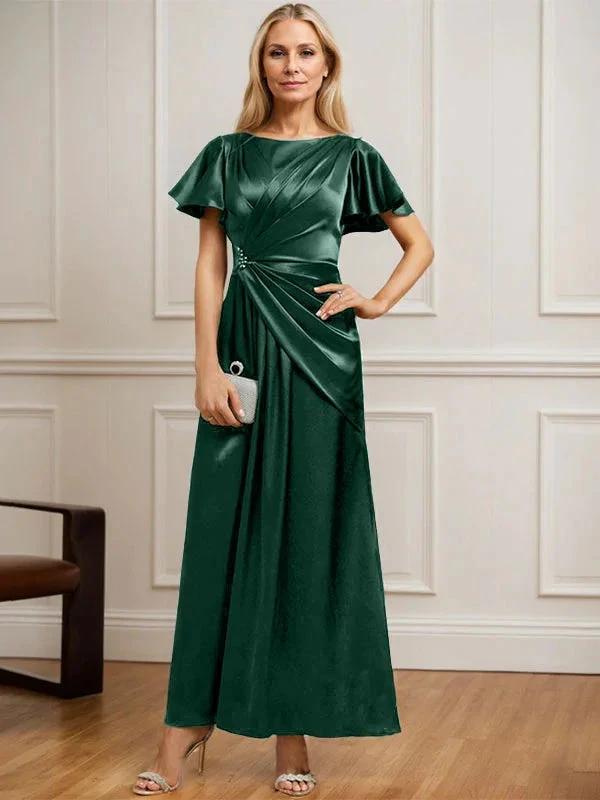 A-line Scoop Ankle-Length Stretch Satin Mother of the Bride Dress With Pleated Beading by Dreamylily