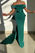 Elegant Off-The-Shoulder Satin Mermaid Prom Dresses with Train by BIZTUNNEL