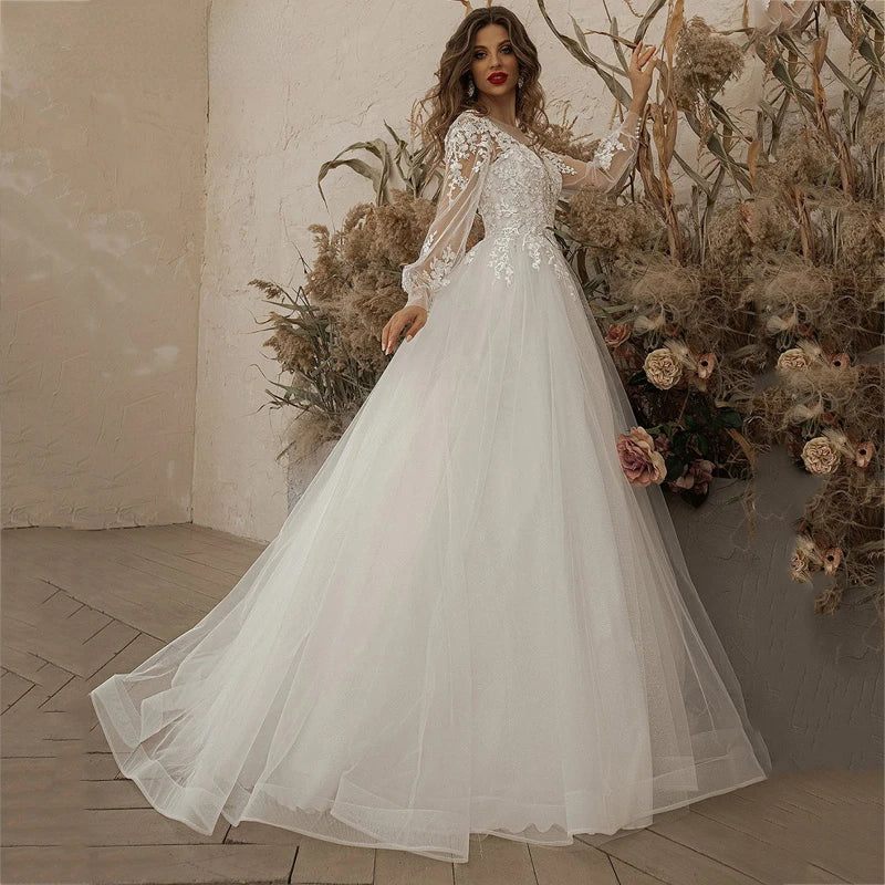 Exquisite Ivory Wedding Dresses Long Sleeve Appliques Lace 3D Flowers Modern Tulle Boho Bride Gown vestidos de novia Beach