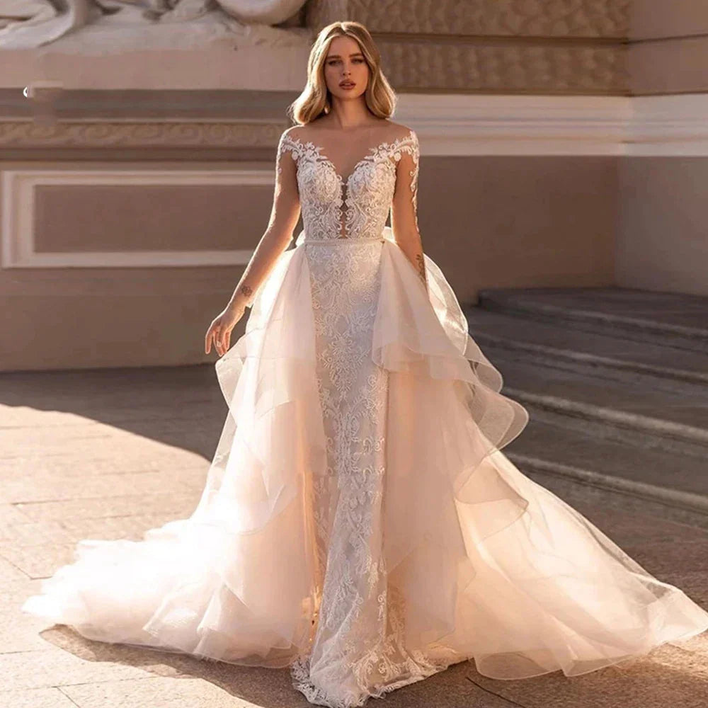 Exquisite Lace Mermaid Mopping Wedding Dresses New V-Neck Tulle Bridal Gown For Women With For Women Made Robe Customize